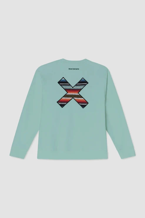 Blue Banana Classic Crew – Felpa Girocollo in 100% Cotone Biologico con X Ricamata -ACQUA