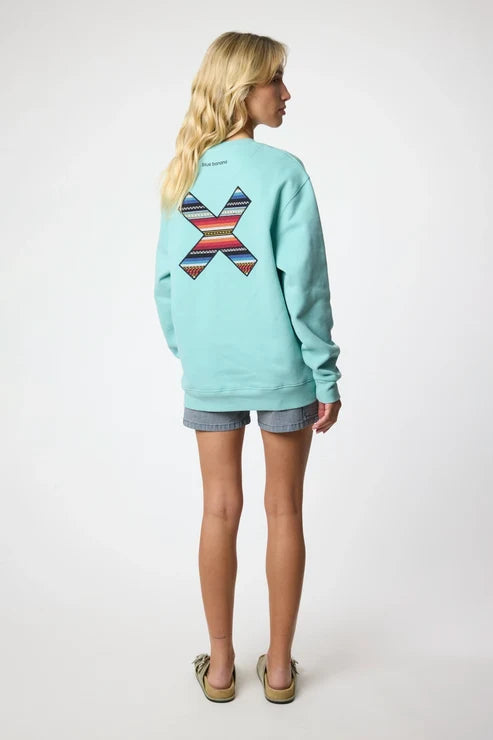 Blue Banana Classic Crew – Felpa Girocollo in 100% Cotone Biologico con X Ricamata -ACQUA