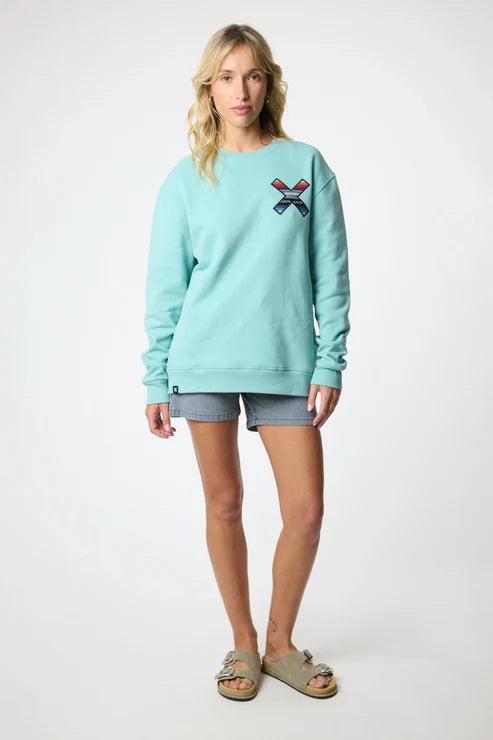 Blue Banana Classic Crew – Felpa Girocollo in 100% Cotone Biologico con X Ricamata -ACQUA