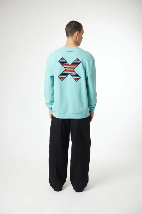 Blue Banana Classic Crew – Felpa Girocollo in 100% Cotone Biologico con X Ricamata -ACQUA