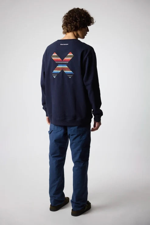 Blue Banana Classic Crew – Felpa Girocollo in 100% Cotone Biologico con X Ricamata - NAVY