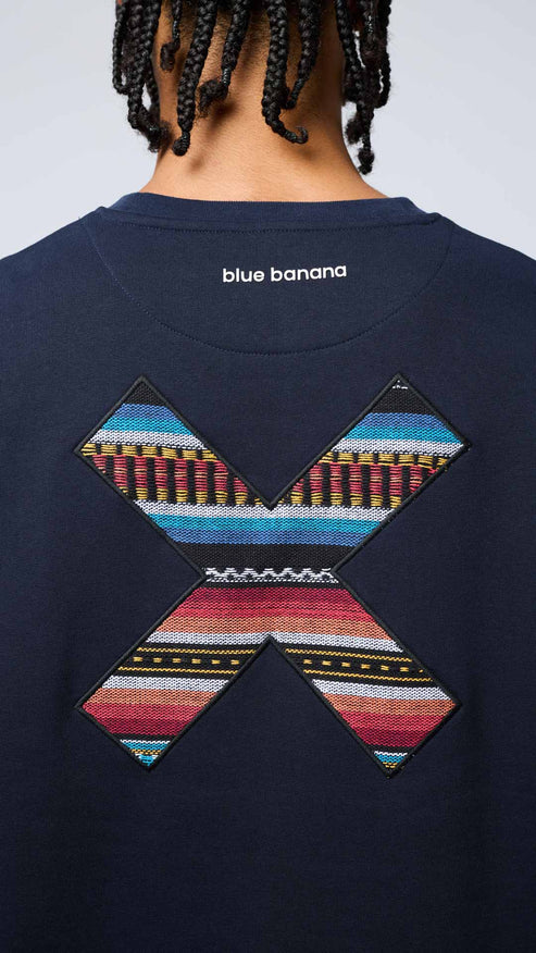 Blue Banana Classic Crew – Felpa Girocollo in 100% Cotone Biologico con X Ricamata - NAVY
