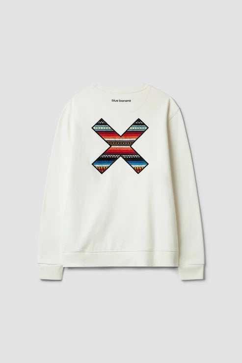 Blue Banana Classic Crew – Felpa Girocollo in 100% Cotone Biologico con X Ricamata - OFF-WHITE