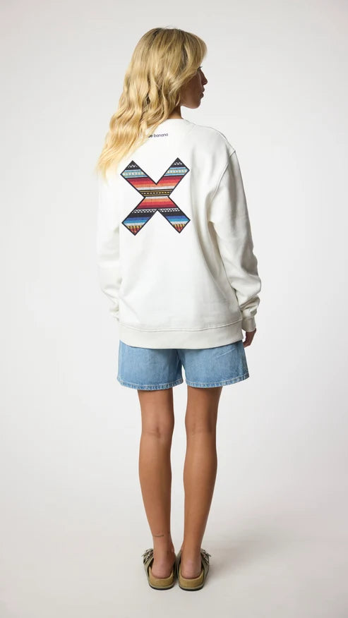 Blue Banana Classic Crew – Felpa Girocollo in 100% Cotone Biologico con X Ricamata - OFF-WHITE